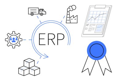 ERP konsept döngüsü fabrika, lojistik, işgücü, envanter, veri analizi ve kalite güvencesi. İş, tedarik zinciri, yönetim verimliliği teknoloji lojistik planlaması için ideal
