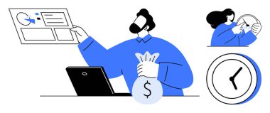 Masada para çantası tutan bir adam mali analizleri izliyor, saati ayarlayan bir kadın. İş planlaması, finans yönetimi, bütçe takibi, zaman optimizasyonu, verimlilik için ideal