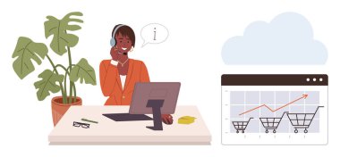 Masadaki kulaklıklı kadın bilgisayarla, arka planda bitki yerleştirme, alışveriş arabası trend analizi grafiği. Müşteri hizmetleri, çevrimiçi ticaret, e-ticaret, satış büyümesi, analizler, perakende satış için ideal