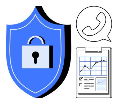 Güvenliği vurgulayan bir kilit, iletişimi sembolize eden bir telefon ikonu ve analitik çizelge ve kontrol listesi olan bir pano. Konu başlıkları için ideal mahremiyet, siber güvenlik, analiz