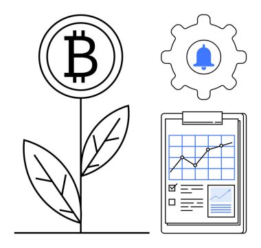 Büyümeyi temsil eden bitcoin fabrikası, alarm zilli teçhizat, finansal grafikli pano. Finans, kripto yatırımı, refah yönetimi, sürdürülebilirlik, analitik, bildirimler için ideal