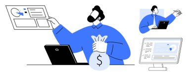 Verileri haritalarla analiz eden adam, ekranda güvenli bir işlem, para çantası tutan adam. Finans, yatırım, veri analizi, çevrimiçi güvenlik, zenginlik fintech işi için ideal. Basit düz metafor