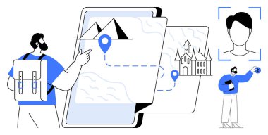 Sırt çantalı gezgin akıllı telefonu işaret eden bir harita gösteriyor. Yüz tanıma sistemi ve elinde bir küre tutan küçük bir karakter de dahil. Teknoloji, seyahat, navigasyon ve planlama için ideal