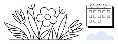 Siyah ve beyaz çiçek, basit bulut ve işaretli tarihli bir takvim. Planlama, programlar, etkinlikler, çevre, organizasyon için zaman yönetimi için ideal. Basit düz