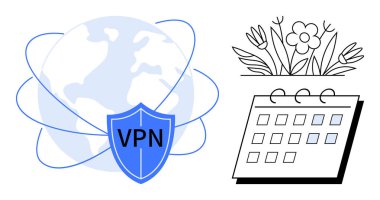 VPN kalkanı bir küreyi kaplıyor, hatlarla bağlantılı. Takvim ve çiçek illüstrasyonu yan yana. İnternet güvenliği için ideal, veri koruması, küresel bağlantı, zamanlama, büyüme, gizlilik kasası