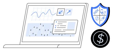 Analizi gösteren dizüstü bilgisayar, para birimi sembolü ve sağlık kalkanı. Sağlık teknolojisi, finans, veri analizi, güvenlik, tıbbi araştırma, yatırım stratejileri için ideal basit düz metafor