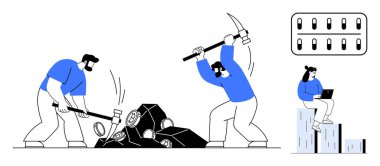 Kazma ve çekiçle taş kıran işçiler, veri analiz eden dizüstü bilgisayar kullanıcıları. Kripto para birimi, blok zinciri, takım çalışması, dijital yenilik, veri madenciliği, fintech, basit düz metafor için ideal