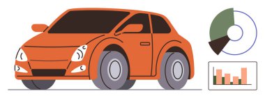 Turta ve bar tablolarının yanındaki turuncu hatchback arabası performans, analiz ve ölçümleri temsil ediyor. Otomotiv, analitik, ulaşım, eko-verimlilik, teknoloji enerji pazarlaması için ideal. Basit.