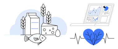 Süt, buğday, peynir, yumurta, kalp atışlı balık ve analitik gösterge panelinin yanında yaprak sembolü. Sağlık, zindelik, sağlıklılık sürdürülebilirlik beslenme veri analizi için idealdir. Basit düz