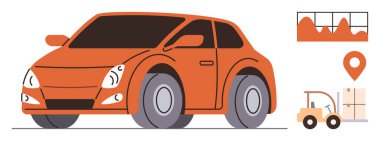 Turuncu kompakt araba, lokasyon iğnesi, kutulu forklift ve grafik çizelgesi. Lojistik, dağıtım, ulaşım, seyahat planlama teknolojisi hareketlilik kavramları için idealdir. Temiz ve basit düz metafor