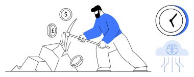 Kazmayla taş çıkartan bir adam. Bozuk paralar parayı sembolize ediyor. Saat zamanı, bulut ise teknolojiyi ve yeniliği temsil eder. Finans, iş gücü, zaman yönetimi ve çaba için ideal