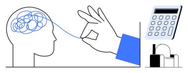 Çözülen beyin karmaşası iplikleri, hesap makinesine ve makbuz yazıcısına doğru çekiliyor. Zihinsel berraklık, problem çözme, mantık, karar verme, finansal planlama, organizasyon, bilişsellik için ideal