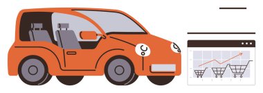 Tarayıcı penceresine bakan turuncu araba yukarı doğru eğilimli çizelgeleri ve alışveriş arabalarını gösteriyor. Araç satışları, e-ticaret, büyüme, analitik, otomasyon, çevrimiçi pazarlama ve lojistik için ideal