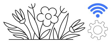 Çiçekler mavi bir kablosuz sinyal ve vites sembolüyle çevrili. Teknoloji, bağlantı, yenilik, doğa, sürdürülebilirlik, denge ve eko-teknoloji temaları için idealdir. Basit bir daire.