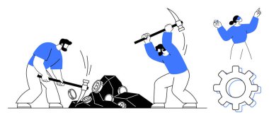 Kazma ve çekiçle taş kıran işçiler, denetleyen üçüncü şahıs ve çabayı simgeleyen teçhizat. Takım çalışması, emek, süreç, üretkenlik, endüstri, strateji için ideal basit düz metafor