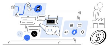 Robot asistan bilgisayar ekranındaki sorulara cevap veriyor, ifadeler geri bildirim yapıyor. Teknoloji, yapay zeka, iletişim, verimlilik, verimlilik, otomasyon müşteri hizmetleri için idealdir. Basit.