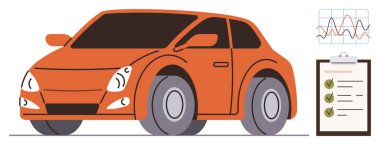 Tekerlekli, farlı turuncu araba, performans grafikleri ve kontrol listesi panosu. Otomotiv teknolojisi için ideal, araba bakımı, verimlilik, teşhis, onarım hizmetleri, basit düz analiz
