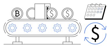 Taşıyıcı bant, takvim ve bisiklet oku eşliğinde dönüşümlü vitesli Bitcoin ve dolar paralarını işliyor. Finans, otomasyon, kripto para birimi, verimlilik, iş akışı, zaman yönetimi için ideal