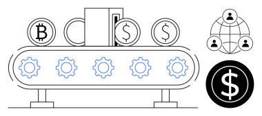 Taşıyıcı bant, dişli sembollü dijital para birimi, kripto para birimi, dolar simgeleri ve ağ bağlantıları. Fintech, engelleme zinciri, otomasyon, kripto para birimi, finans teknolojisi için ideal