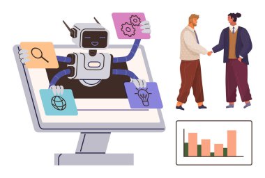 Ekrandan çıkan robot fikirleri, teknolojiyi ve küresel kavramları sunuyor. İki bireyin el sıkışması takım çalışmasını ve işbirliğini sembolize eder. Grafikte veri odaklı karar verme mekanizması vurgulanıyor. İdeal