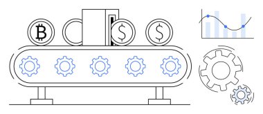 Bitcoin taşıyan taşıma bandı ve dişli, grafikli ve istatistikli dolar sikkeleri. Finans, kripto para, otomasyon, teknoloji, yatırım fintech işi için ideal. Basit düz metafor