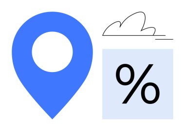 Mavi lokasyon iğnesi, kare şeklinde yüzde işareti ve bulut çizgisi. Veri analizi, navigasyon, hava durumu güncellemeleri, finansal analiz, konum hizmetleri, iş planlaması için ideal