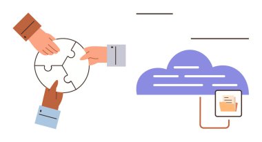 Elleri bulmaca parçalarını birleştirmek için, yüklenen dosyalara bağlı bir bulut sistemi ile işbirliği yapıyor. Takım çalışması, bulut teknolojisi, işbirliği, problem çözme, veri paylaşımı, uzaktan çalışma için ideal