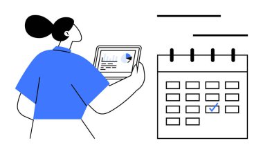 Tablet üzerinde pasta grafiği ve çubuk grafiğiyle analitik analiz yapan bir kadın. Vurgulanmış tarihli komşu takvim. Planlama, üretkenlik, zamanlama, proje yönetimi, zaman yönetimi için ideal