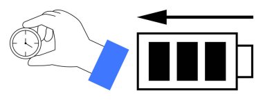 Zaman yönetimi konsepti. Zaman yönetimi saati tutan bir elle şarj olan bir pil sembolünün yanında. Verimlilik, verimlilik ve günlük organizasyonda zaman yönetimi. Ticarete uygulanabilir