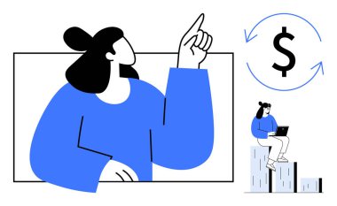 Kadın yukarı doğru para döngüsü sembolü gösteriyor, dizüstü bilgisayarda oturan kişi bar çizelgesinde oturuyor. Finansal danışmanlık, teknoloji, ekonomi, kariyer büyümesi, iş planlaması, eğitim için ideal