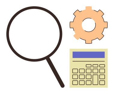 Büyüteç, vites ve hesap makinesi analizi, problem çözmeyi, hesaplamayı, finans, verimlilik, teknoloji ve stratejiyi sembolize eder. İş eğitimi araştırma çözümleri için ideal