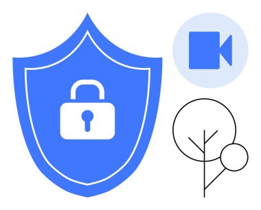 Kilitli mavi kalkan dijital güvenliği temsil ediyor, video kamera izleme olduğunu gösteriyor, eko-ton olarak en düşük ağaç. Gizlilik, koruma, teknoloji, izleme, güvenlik ve çevre için ideal