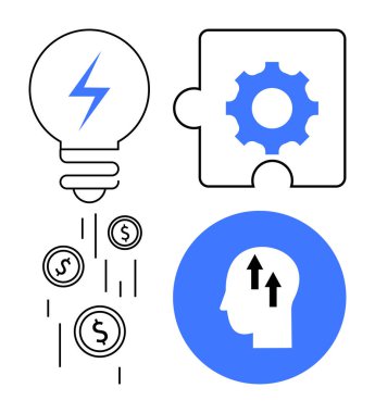 Yenilik kavramı. Fikirler için ampulü, çözümler için bulmacası ve kafa bilgisi gelişimi olan bir icat. Yenilik yaratıcılığı, iş büyümesini ve çözümleri teşvik eder. Girişimler için ideal