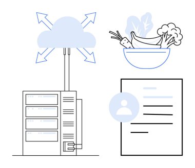 Bulut hesaplama, sebze dolu kâse ve kullanıcı profili dokümanlarına bağlı veri depolama sunucusu. Teknoloji, sağlık, bulut hesaplama, veri entegrasyonu, yaşam tarzı, kullanıcı arayüzü için ideal