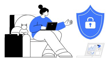 Kanepede dizüstü bilgisayar kullanan biri, yakınlarda kedi, güvenlik konsepti için kilitli kalkan, ekranda analiz. Uzaktan çalışma, teknoloji, siber güvenlik, veri koruması, çevrimiçi güvenli ev ofisi için ideal