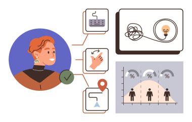 Sorun çözme, karar verme ve planlama süreçleri için görev akışı şemaları, grafikleri ve veri görselleştirmelerini kullanan genç bir profesyonel. Takım çalışması, strateji, üretkenlik ve analitik için ideal