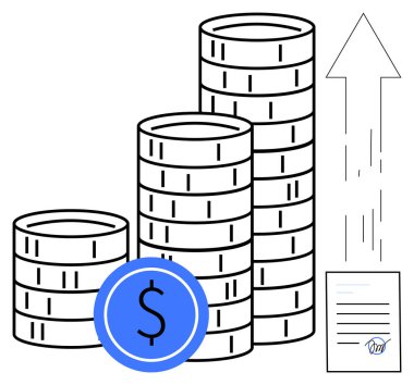 Yükselen madeni para yığını. Finansal ikon, yukarı doğru ok, imzalı belge. Ticari büyüme, gelir, tasarruf, başarı, yatırım kar geliri için idealdir. Basit düz metafor