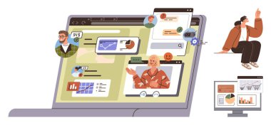 Dizüstü bilgisayar görüntüleme video konferansı, analitik, grafikler, kullanıcı avatarları ve sohbet baloncukları. Uzaktan çalışma, takım çalışması, iletişim, veri paylaşım proje yönetimi teknolojisi için ideal düz