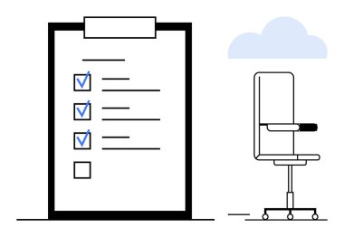 Ofis sandalyesi ve bulutun yanındaki işaretli listenin olduğu büyük bir pano, işi, verimliliği, planlamayı ve organizasyonu simgeliyor. İş, iş akışı, zaman yönetimi ve odaklanma için ideal. Basit düz