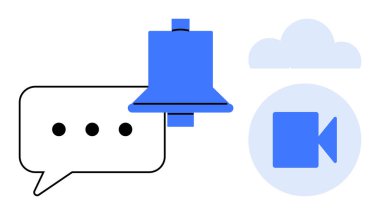 Bildirimler için çan, mesajlaşma için noktalı konuşma balonu ve bulutun altında video kamera ikonu. İletişim, uyarı, video çağrıları, dijital etkileşim, takım çalışması, mesajlaşma teknolojisi için ideal