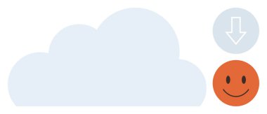 Büyük mavi bulut, aşağı doğru ok transferi gösteriyor, turuncu mutlu yüz pozitif etkileşimi temsil ediyor. Bulut hesaplama, veri depolama, kullanıcı deneyimi, teknoloji ve sosyal medya için ideal