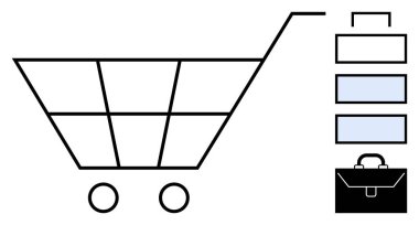 Alışveriş arabasının taslağı istiflenmiş paketler ve evrak çantasının yanında. E-ticaret, perakende satış, lojistik, iş planlaması, ürün yönetimi, girişimcilik, minimalist tasarım, basit daire