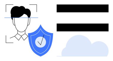 Biyometrik güvenlik kalkanı ve bulut depolama sembolleriyle yüz tanıma taraması. Kimlik güvenliği, veri koruması, bulut teknolojisi, kimlik doğrulama, gizlilik, siber güvenlik, yenilik için ideal