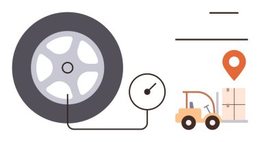 Hava basıncı göstergesine bağlı büyük bir lastik. Konum iğnesi olan bir kargo sandığını taşıyan bir forklift ile birlikte. Otomotiv hizmetleri, lojistik, ulaşım, makine ve verimlilik için ideal