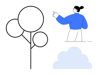 Yuvarlak yapraklı minimalist ağaç, mavi süveter giyen insan, hafif bulut çizimi. Konseptler için idealdir. Kılavuz, doğa, vizyon, basitlik, sakinlik, işbirliği, gelecek