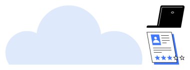 Beş yıldızlı bir dizüstü bilgisayara ve aday profiline bağlı bir bulut simgesi. İşe alım, dijital işe alım, bulut hizmetleri, HR teknolojisi, veri yönetimi, iş başvuruları, basit daire