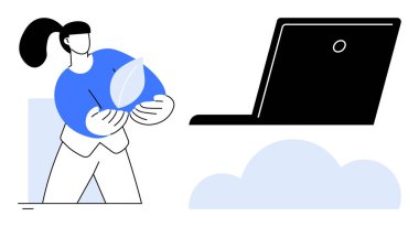 Bulutun üstünde bir dizüstü bilgisayarın yanında yaprak tutan kadın, ekolojik bilinç teknolojisini ve sürdürülebilirliği simgeliyor. Yeşil bilgisayar, yenilik, çevre bakımı, teknoloji, eko-farkındalık için ideal