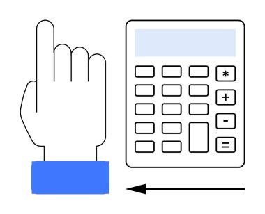 Hesap makinesi konsepti. Hesap makinesi, hesaplama, navigasyon ve etkileşimli teknolojiyi gösteren bir el hareketi ve okla eşleştirildi. Hesaplayıcı finans, öğrenme, doğruluk, veri işleme, yenilik