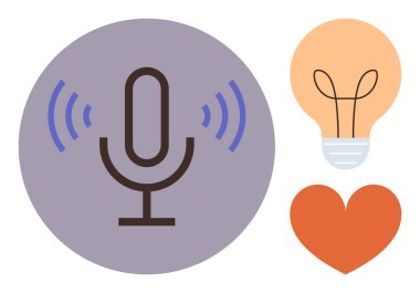 Ses dalgalı mikrofon iletişimi vurgular, ampul fikirleri ve yeniliği sembolize eder, kalp duyguyu iletir. Yaratıcılık, podcast, ilham, takım çalışması, medya, tutku için ideal