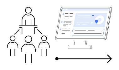 Analizi gösteren dijital bir gösterge paneline bağlı takım hiyerarşisinin minimalist temsili. Takım çalışması, yönetim, strateji, veri, iş akışı, iş büyümesi ve karar verme süreci için ideal. A